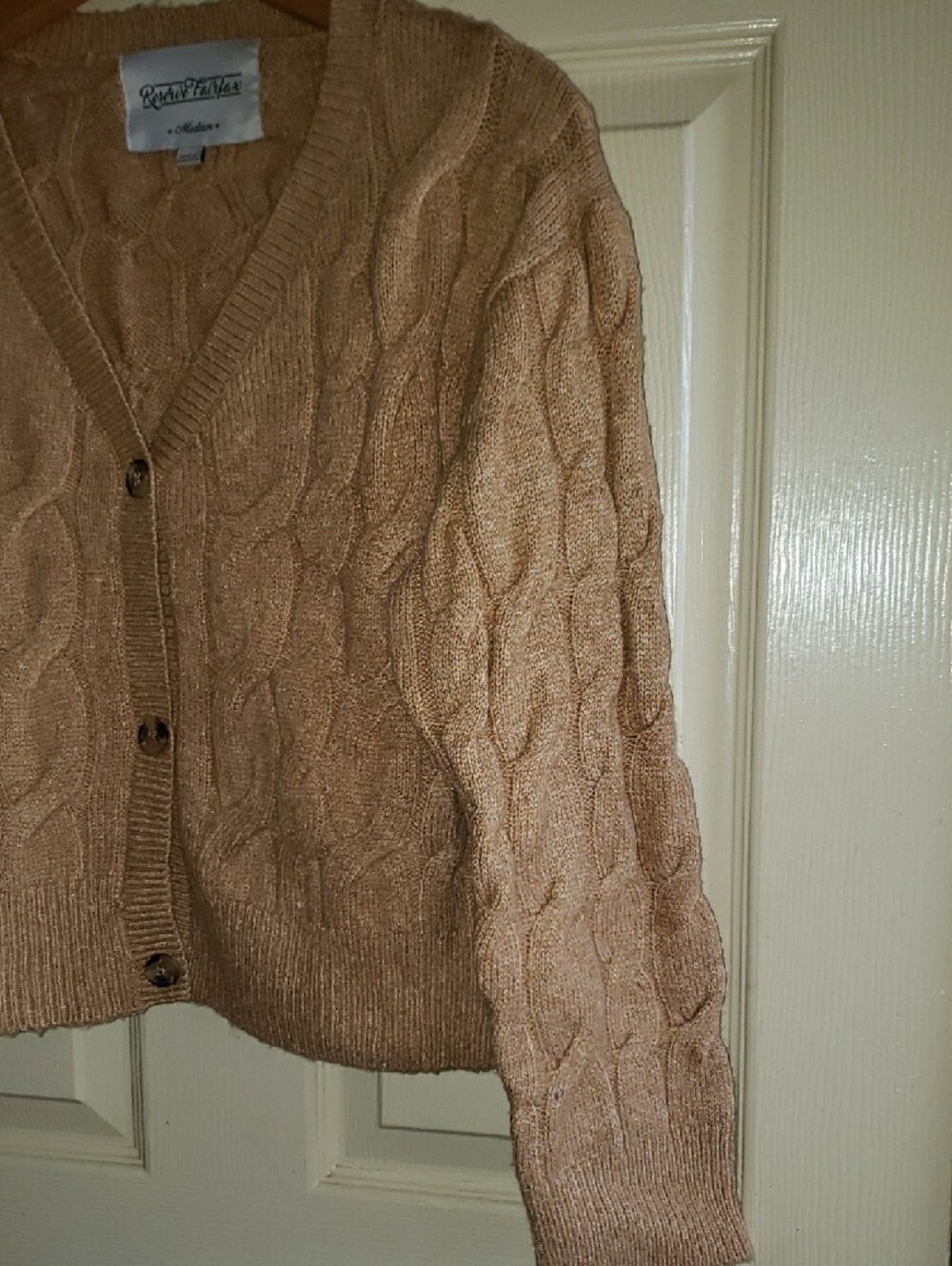 Reserve Fairfax Tan Cable-Knit V-Neck Button Cardigan - Picture 5 of 9